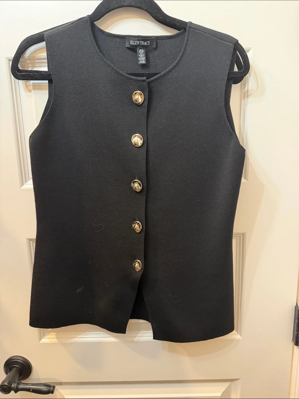 Ellen Tracy Black Sleeveless Shell with Gold-Tone Buttons